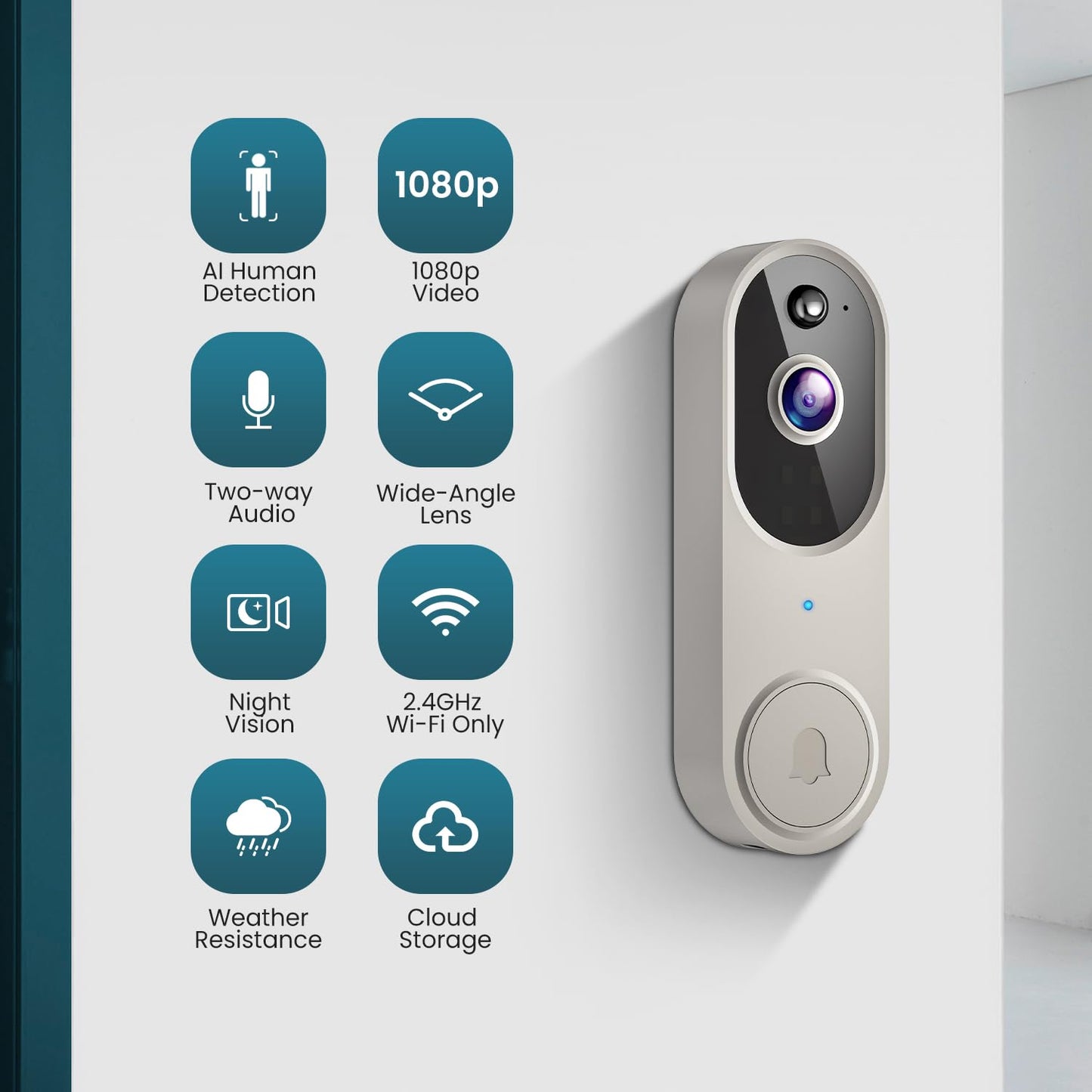 Wireless Wi-Fi Video Doorbell Camera With Two Way Audio, Ai Motion Detection, Night Vision And Cloud Storage, 2.4G Wi-Fi Only (L