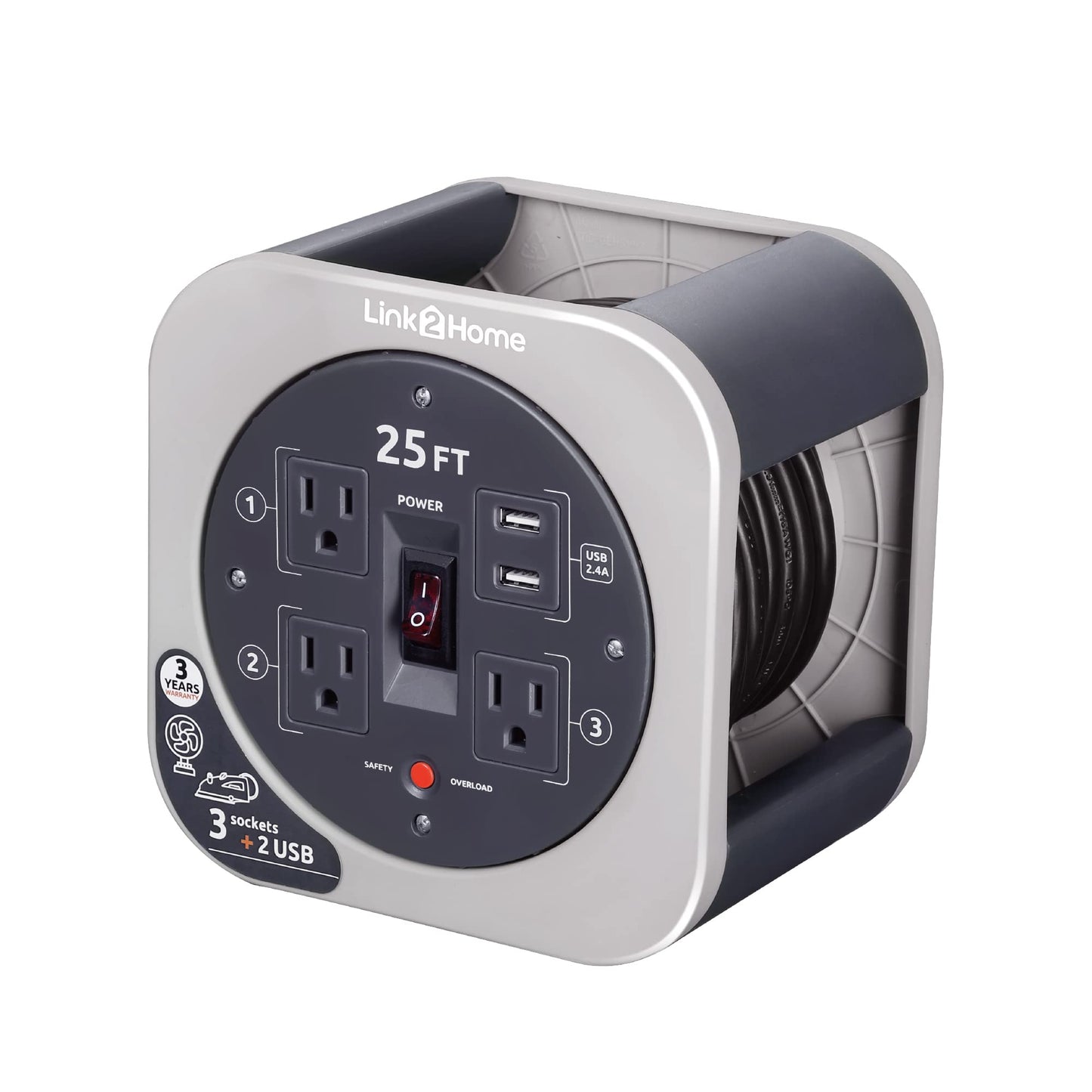 Link2Home 25 Ft. 16/3 Extension Cord Storage Reel With 3 Grounded Outlets 2 Usb 3.4 Amp And Overload Reset Button Em-El-275G
