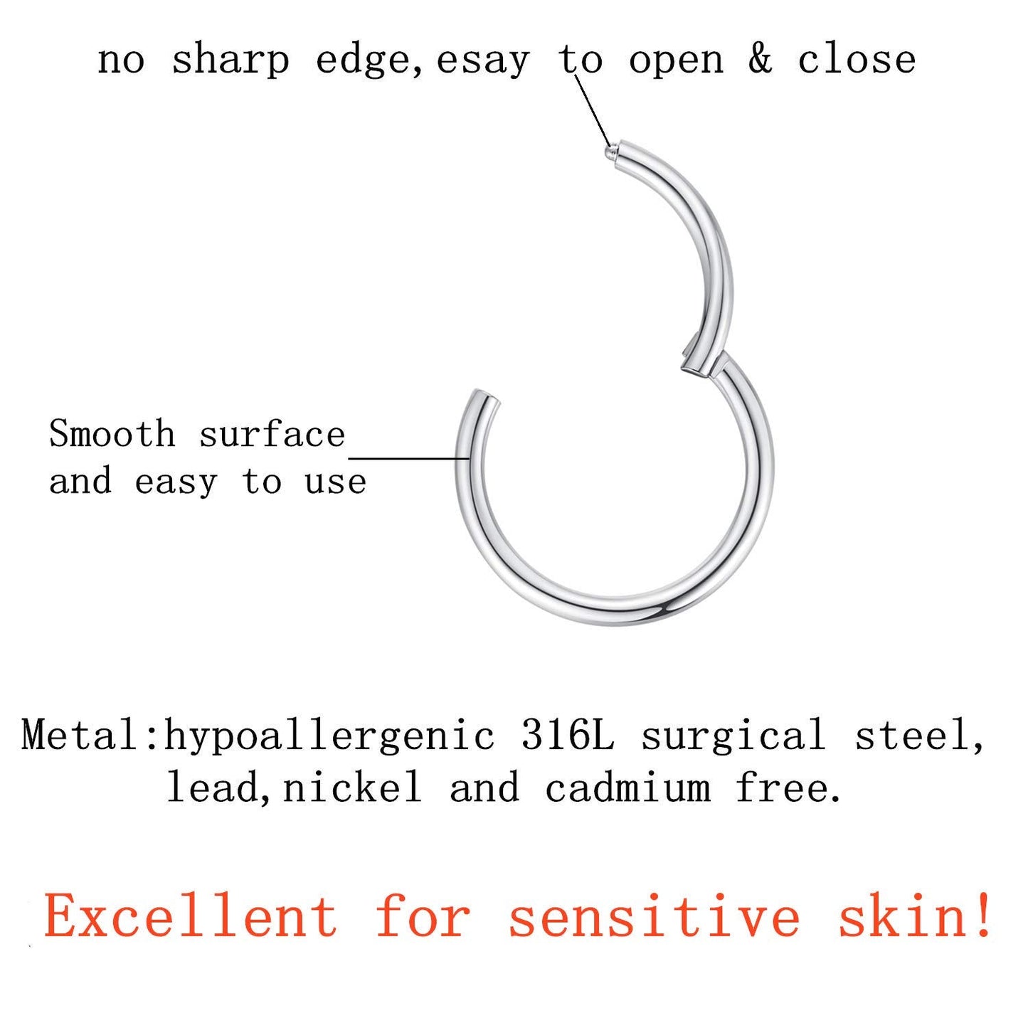 FOLLOWMOON 9mm Septum Ring Silver Nose Rings Hoop 14 Gauge Nose Hoop Helix Daith Tragus Earrings Hinged Segment Septum Clicker L
