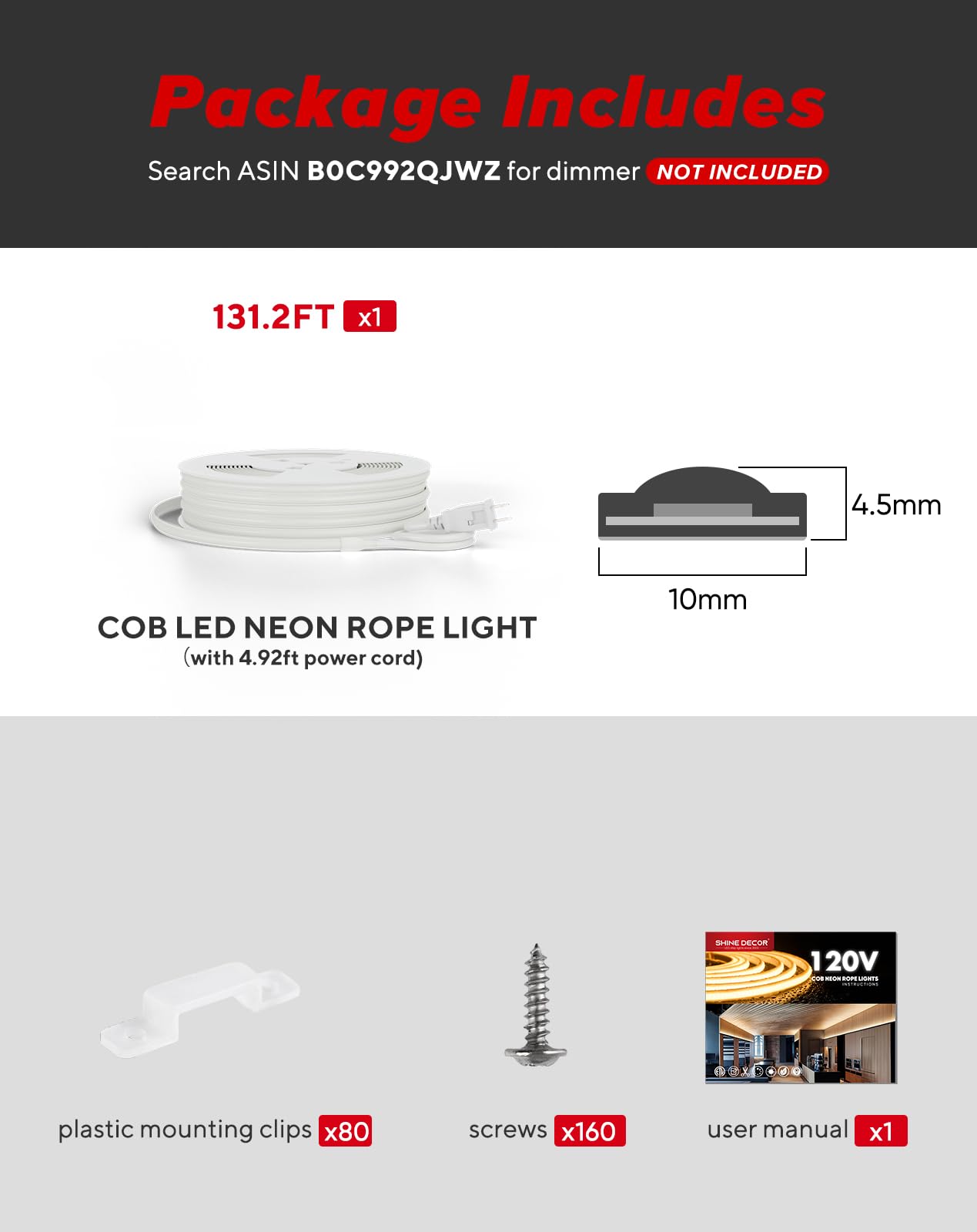 Shine Decor Cob Led Rope Light Ac 120V  800Lm Ultra Bright  Ip65 Waterproof Cold-Resistant Etl Neon Strip  No Driver Tape Lighting For Home Commercial 10X4.5Mm  2800K Warm White  131.2Ft