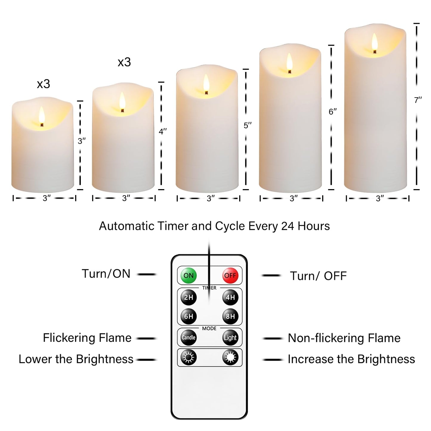 Nimiko Flameless Candles with Remote, Battery Operated Flickering Flameless Candles, LED Candles with Timer 2/4/6/8H, with Realistic LED Candles Set of 9 (D3 x H 3" 4" 5" 6" 7") (White)