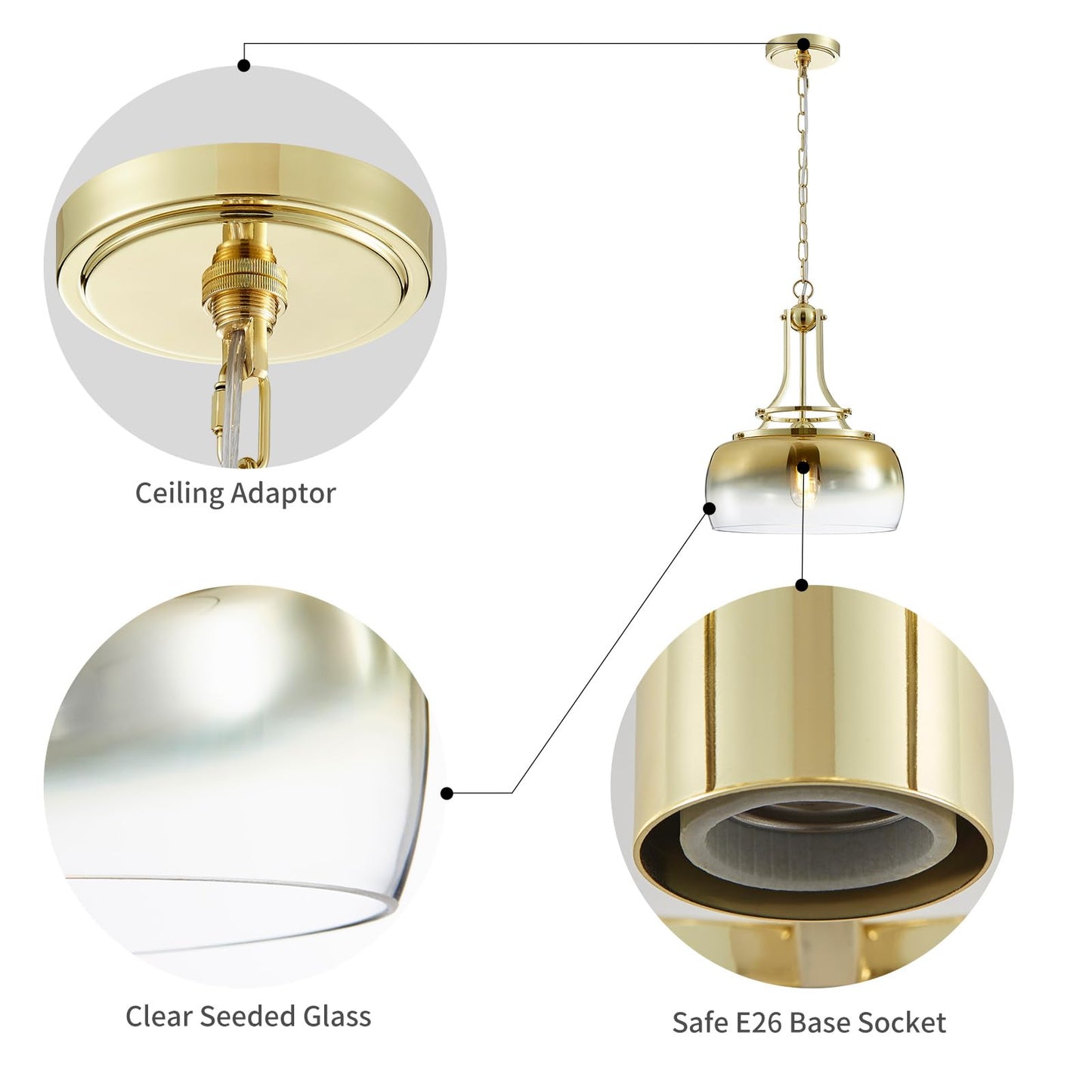 WUZUPS Gold Chandelier Pendant Light Fixture, Gradient Glass Shade, 17inH x 13.4inW, Metal, Model USHD9607PB, Rustic Farmhouse Style
