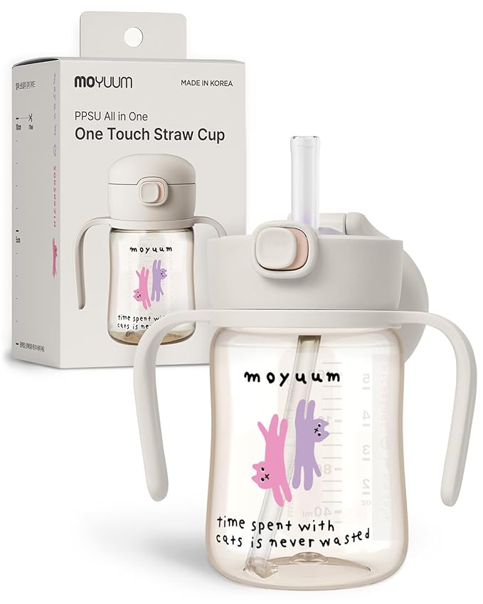 MOYUUM Leak Proof Sippy Cup with Handle | Made in Korea, 100% BPA Free PPSU, Magic No Spill Straw Cup with Attached Flip Top Lid, Easy to Hold for Babies and Toddlers, 6oz Gray