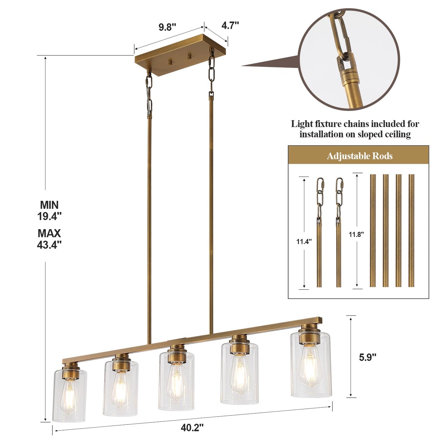 Mecgirn Island Light For Kitchen  Brushed Brass Dining Room Light Fixture Over Table  5-Light Linear Chandelier Pendant Lighting For Dining Table Kitchen Island Living Room