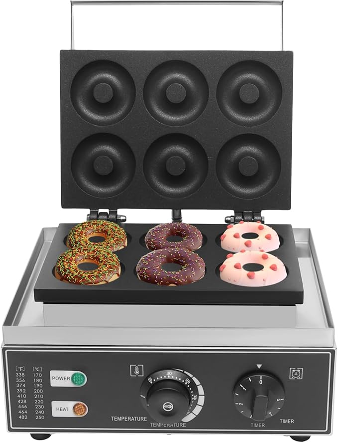 Commercial Waffle Donut Machine, 6 Holes Double-Sided Heating 50-300℃, 110V 1550W, Electric Doughnut Maker, Non-stick Donut MakerTeflon-Coating for Professional Kitchen