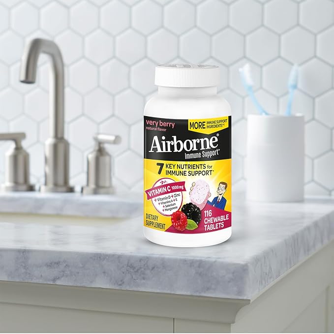 Airborne 1000mg Vitamin C + Zinc Immune Support Supplement Chewable Tablets, Very Berry Flavor with Powerful Antioxidants Vitamins A C & E, 116 Chewable Tablets (2 Pack)