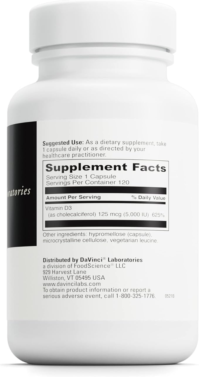 DAVINCI Labs Vitamin D3 5000 IU - Dietary Supplement to Support Healthy Teeth and Bones, Cardiovascular Function, and Immune Health* - with 5000 IU per Serving - Gluten-Free - 120 Capsules