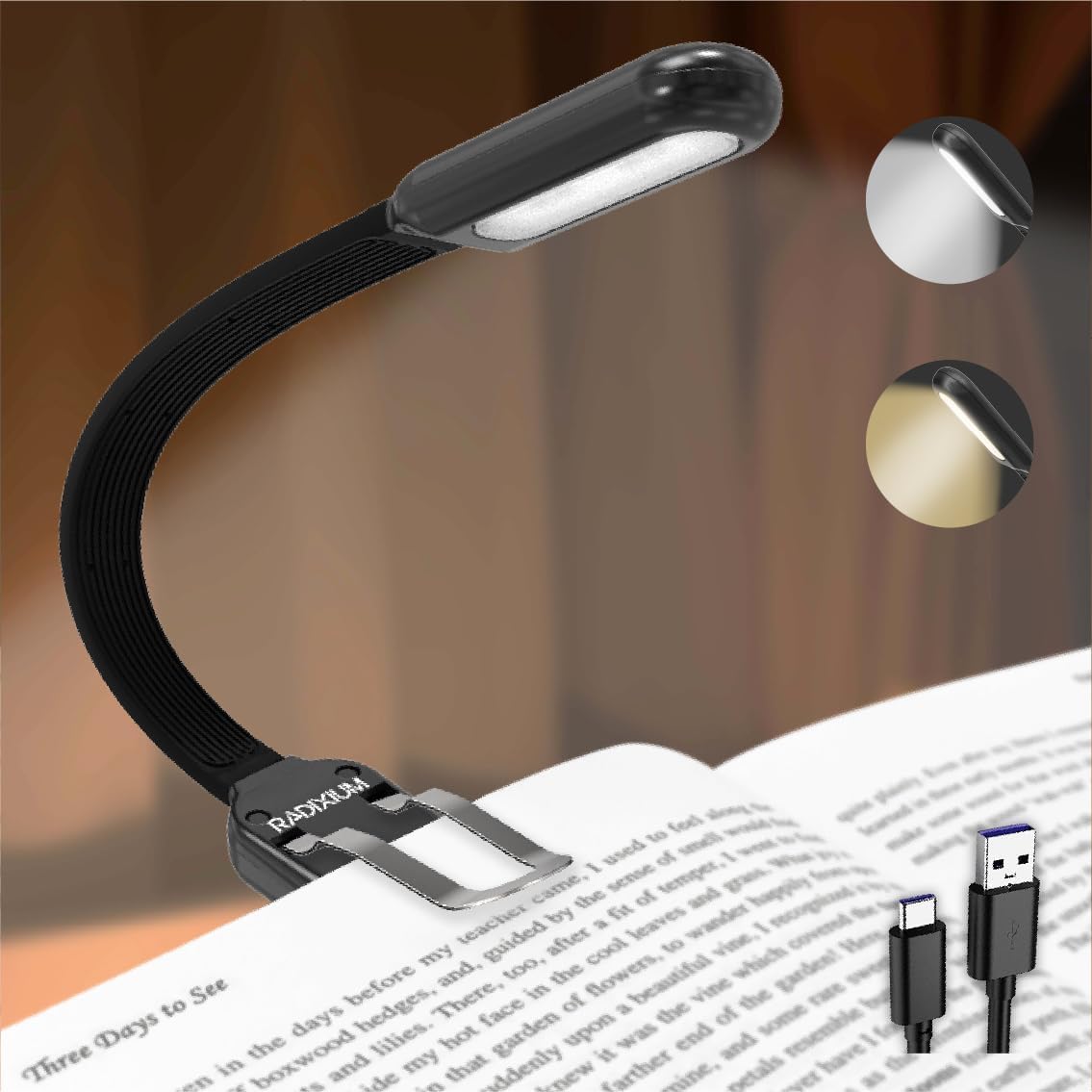 Radixium Slim Rechargeable Book Reading Light  Eye Caring Led With 4 Color Temperatures  Portable Clip On Book Light For Reading In Bed & Travelling. Prefect Elegant White Gift For Book Lover.(Grey)