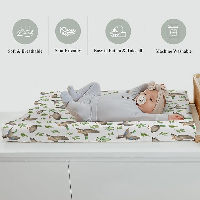 Wild Ducks Green Leaves Changing Pad Covers for Baby Girl Boy Green Mallard Ducks Fitted Change Table Cover Mats Duck Hunting Animals Soft Diaper Changing Table Sheets 32''×16''