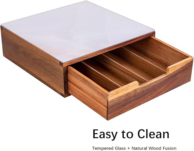 Tempered Glass and Natural Wood Coffee Pod Drawer Organizer - 20 Capsule Multifunctional K Cup Storage | Countertop Coffee Station Organizer for Home/Office (White)