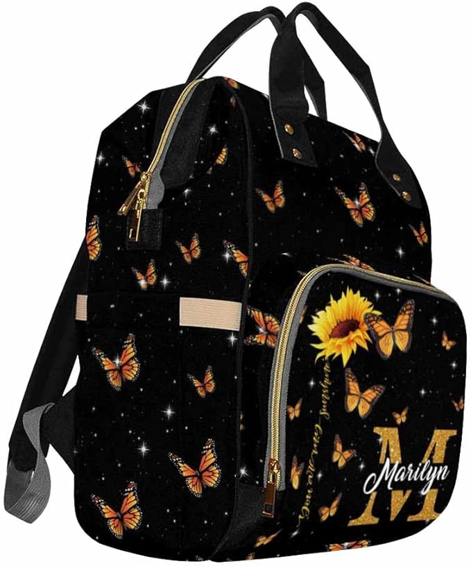 D-Story Custom Name Backpack For Mom Customized Diaper Bag Princess Mommy Bag Personalized Back Pack Baby Backpack For Outdoor Shopping Mommy Bag, Rainbow Butterflies