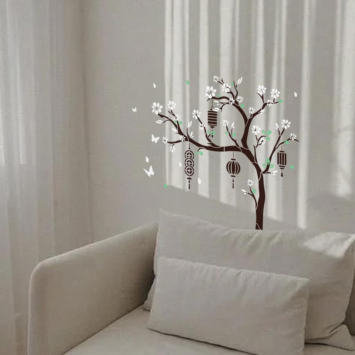 MAYJOYDIY 3pcs Chinese Style Tree Stencil 23.7×22 Splicing Large Traditional Flower Birds Tree Stencils with Paint Brush Spring Peach Blossom Lantern 11.8×11.8inch Template for Wood Walls Art Craft
