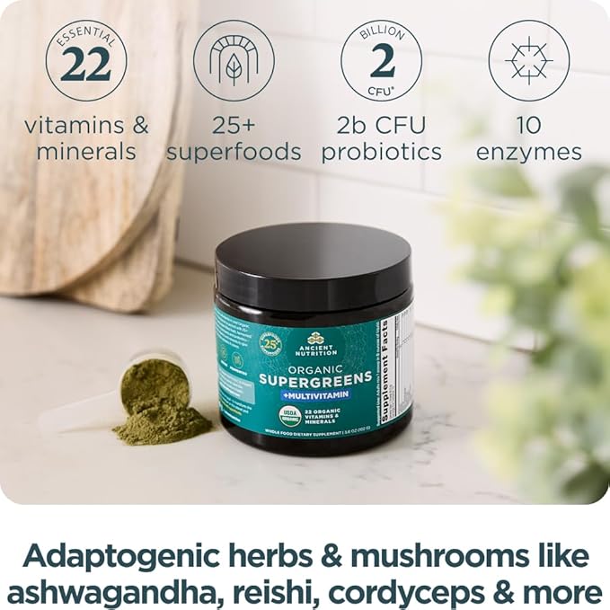 Ancient Nutrition Organic SuperGreens Powder with Probiotics, Organic Multivitamin Greens, Made from Real Fruits, Vegetables and Herbs, Digestive and Energy Support, 12 Servings, 3.6oz