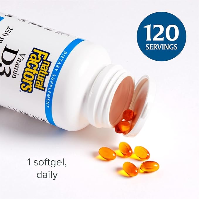 Natural Factors Vitamin D3 10000 IU (250 mcg), Supports Strong Bones, Muscles and Immune Function, 120 Softgels