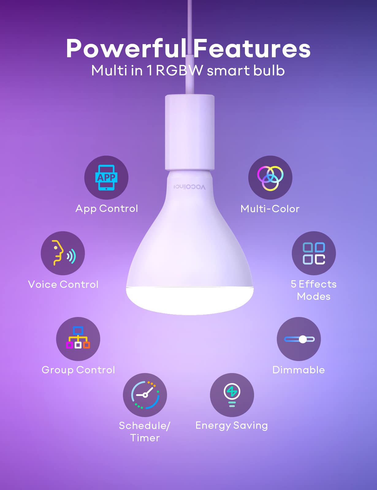 Vocolinc Smart Light Bulb, Rgbw Color Changing, 800 Lumens, Dimmable, Wifi, E26, 1 Pack, White