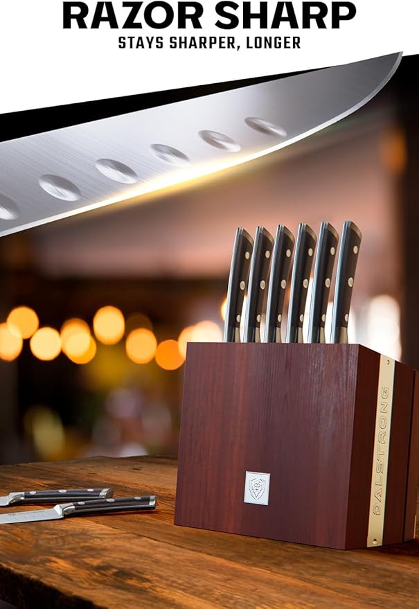 Dalstrong Steak Knife Set - 8 Piece - 5 inch Straight Edge Blade - Gladiator Series Elite - Forged High-Carbon German Steel Dinner Kitchen Knife - Black G10 Handle - Folding Block Set - NSF Certified