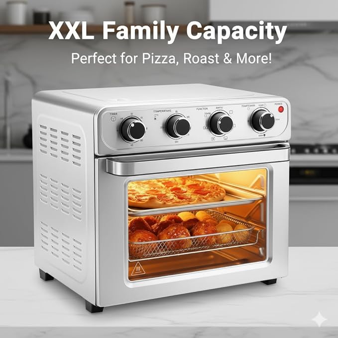 HealSmart 4-in-1 Air Fryer Toaster Oven Combo, 26.4QT Large Capacity Countertop Convection Oven Includes Baking Pan & Fry Basket, Stainless Steel