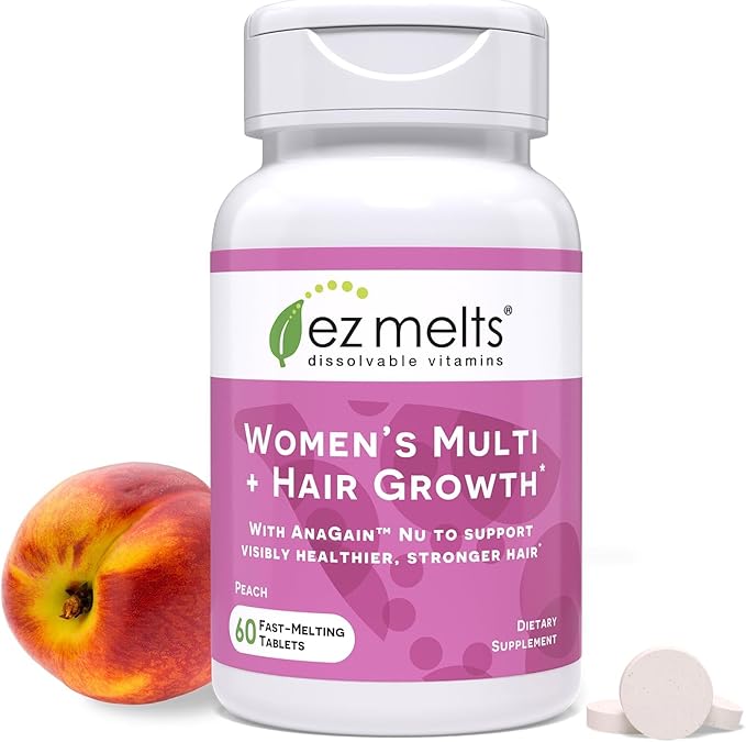 EZ Melts Dissolvable Women’s Multivitamin + Hair Growth with Biotin, Bamboo Extract & Clinically Studied AnaGain Nu, Supports Visibly Healthier, Stronger Hair, Sugar-Free Peach Flavor, 1-Month
