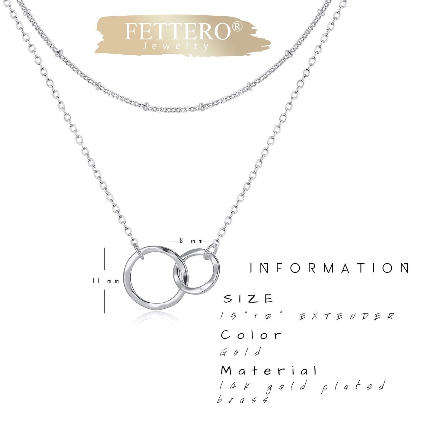 Fettero Layered Necklace Sliver Satellite Chain Choker Interlocking Infinity Hammered Circle Pendant Platinum Plated Dainty Simp