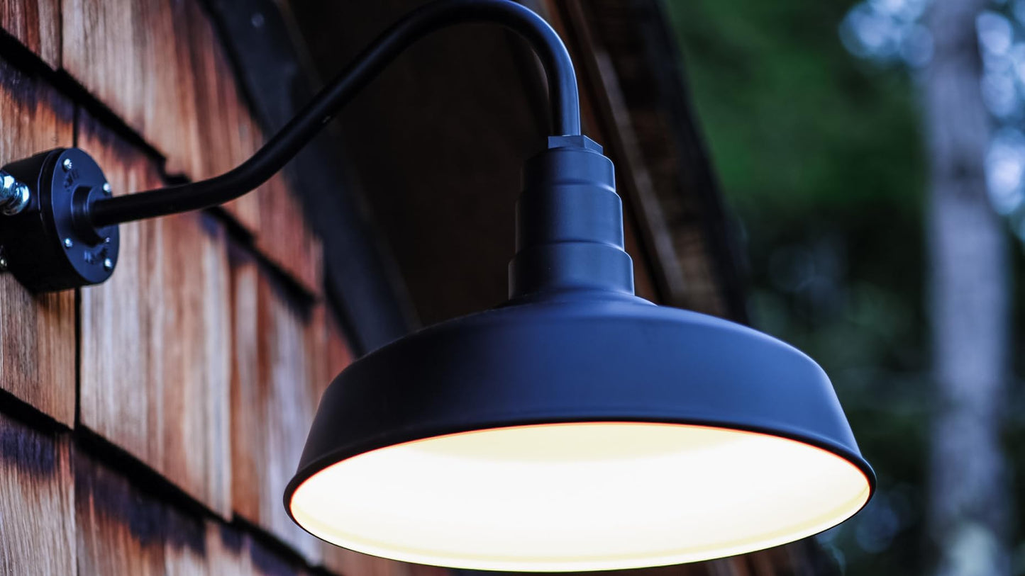 Steel Lighting Co. Gardena Barn Light - Outdoor Wall Mounted, 16in Dome, 23in Gooseneck, Matte Black with Brass Interior