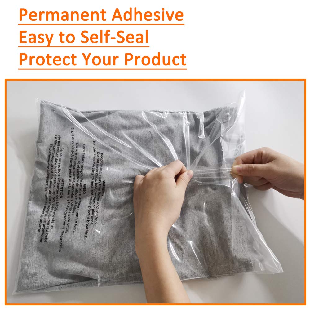 Belinlen 200 Count 12x15 Inch Self Seal Clear Poly Bags with Suffocation Warning for Packaging Clothing, T Shirts, Decorative Wrappers and More with Permanent Adhesive (1.5mil)