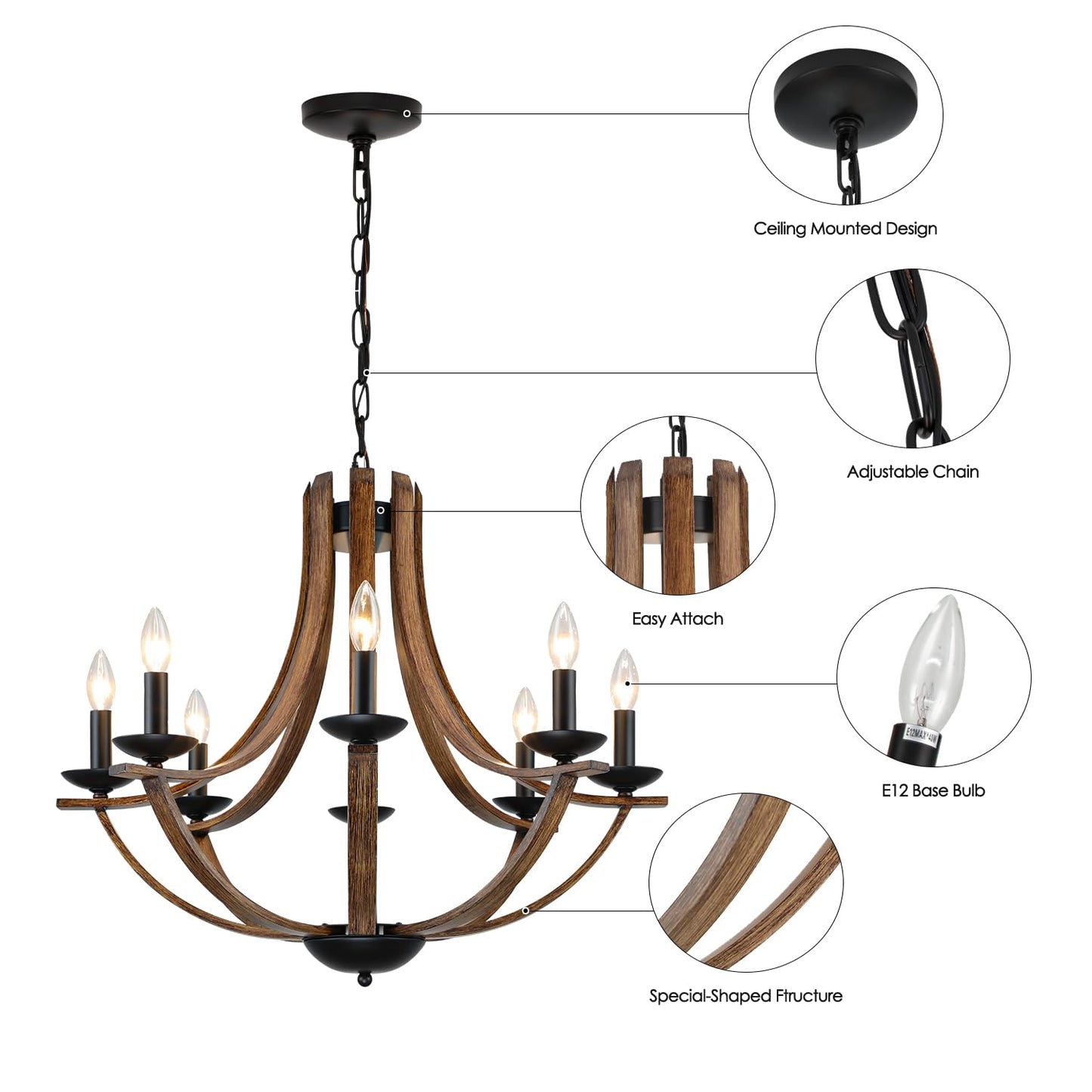 Lampkeduo Rustic 8-Light Chandelier Fixture, 28 Adjustable, Black & Faux Walnut, Model D9901-8 For Dining Room, Kitchen, Foyer