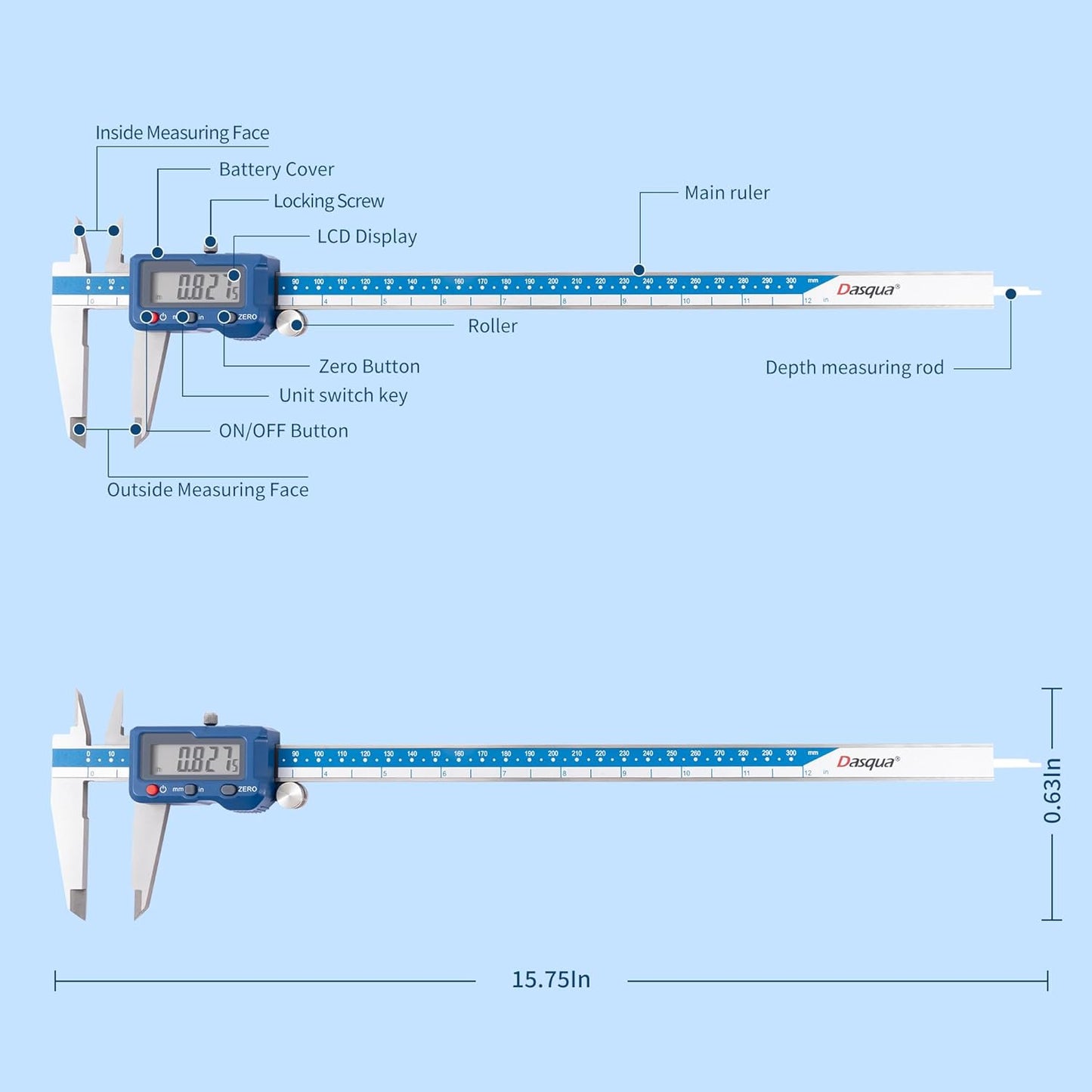 Dasqua 12”/300mm Digital Caliper, Stainless Steel Precision Measuring Tool with Advanced Dual Chip, Large LCD, Resolution 0.0005”/0.01mm, Accuracy ±0.0012”/0.03mm