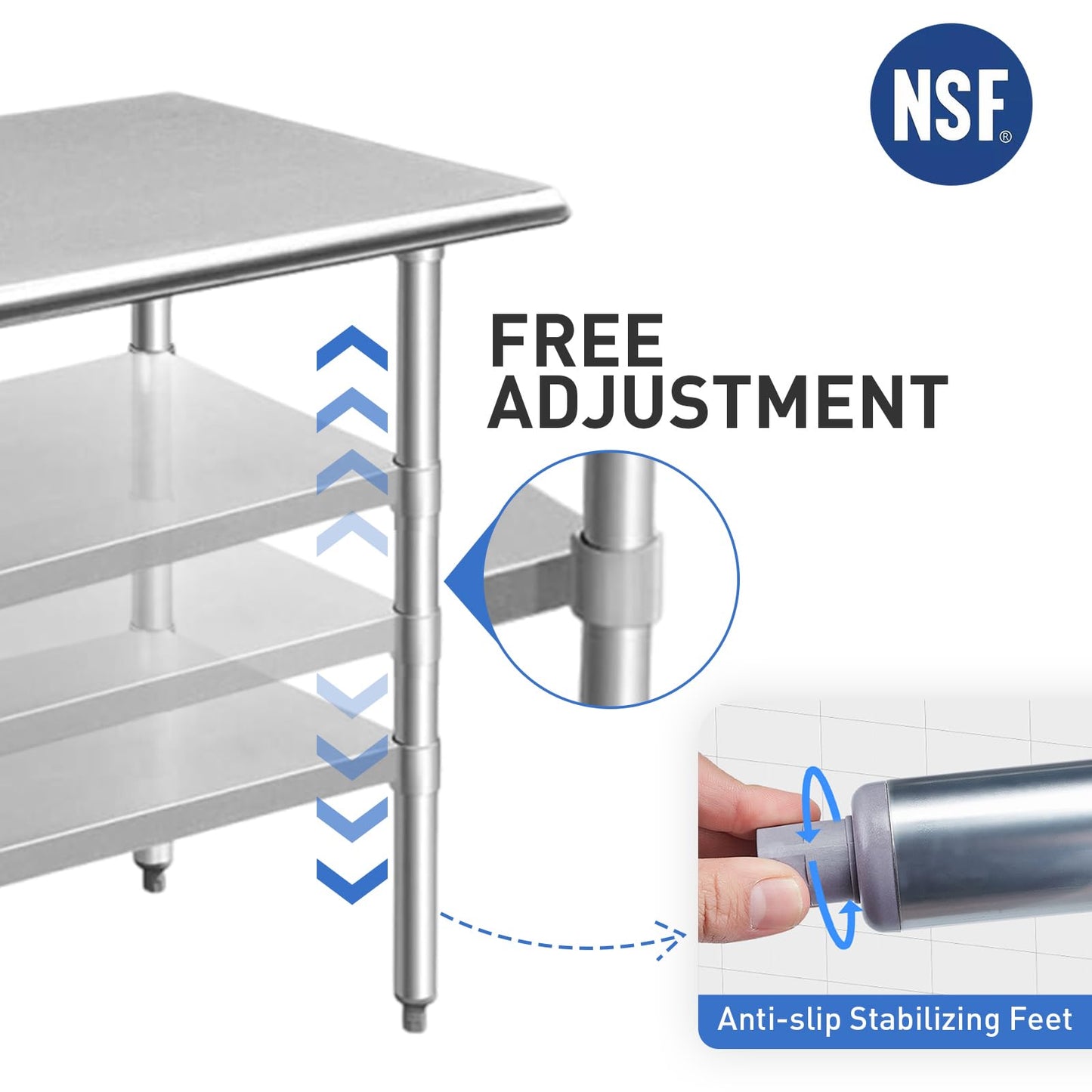 ROCKPOINT Stainless Steel Table for Prep & Work 30x48 Inches, NSF Metal Commercial Kitchen Heavy Duty Table with Adjustable Under Shelf and Table Foot for Restaurant, Home and Hotel