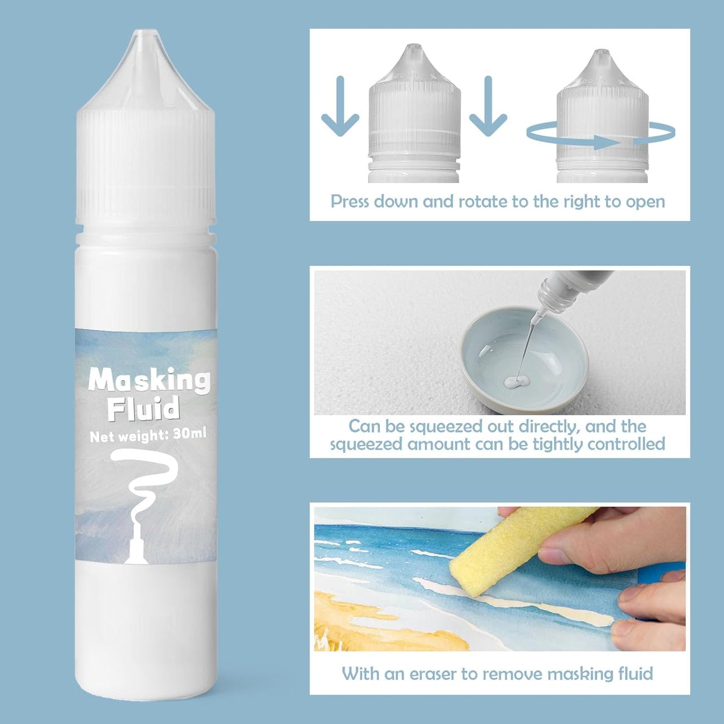 White Masking Fluid for Watercolor Painting 30ml, Resistant Ink and Pouring Paint, Watercolor Masking Fluid Keeps Areas Colorless and Edges Sharp