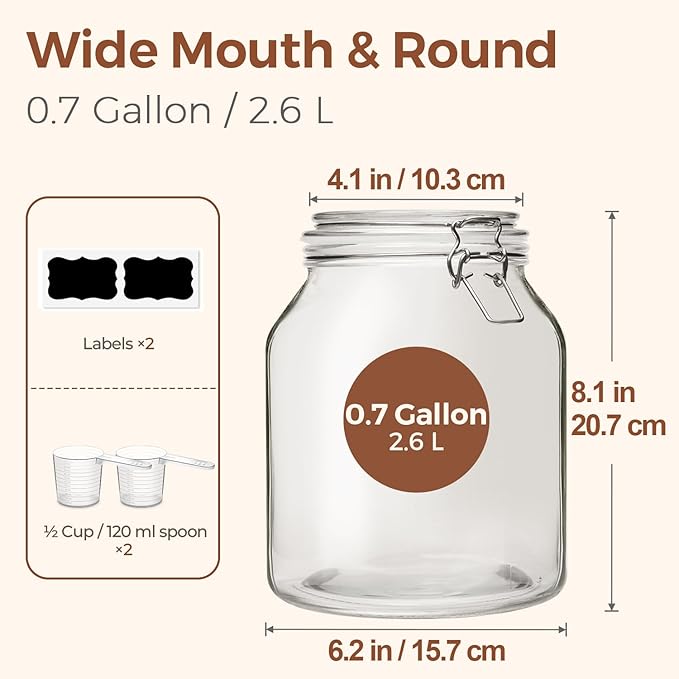 ComSaf Glass Jars with Airtight Lid 0.7 Gallon, Wide Mouth Mason Jars, Canning Jars, Large Glass Storage Containers with Lids, Flour Sugar Storage Container, Large Canister for Rice, Pickle, Set of 2