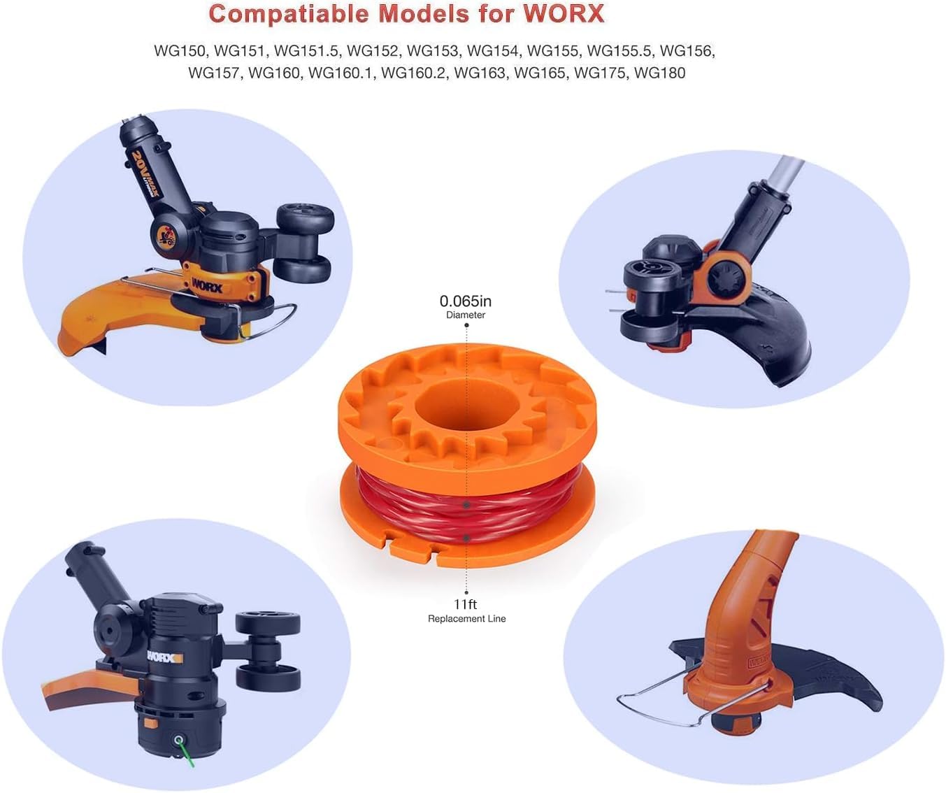 Trimmer Spool Line for Worx，Edger Spool Compatible with Worx trimmer spools Weed Eater String,Trimmer Line Refills 0.065 inch for Electric String Trimmers，Weed Wacker Spool Replacement Parts