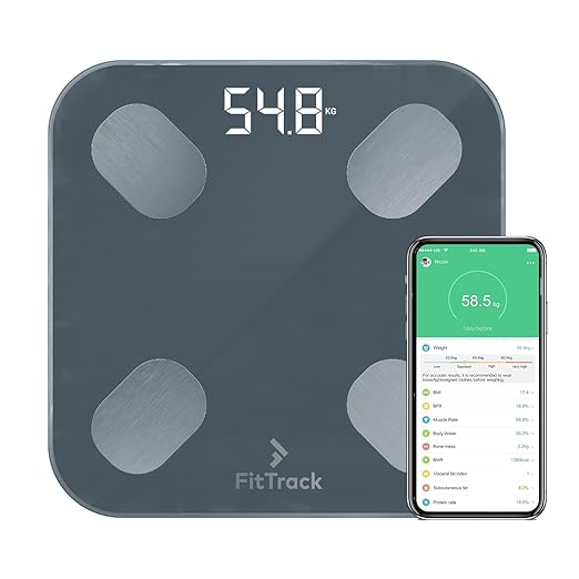 FitTrack Dara Smart BMI Digital Scale - Measure Weight and Body Fat - Most Accurate Bluetooth Glass Bathroom Scale (Black)