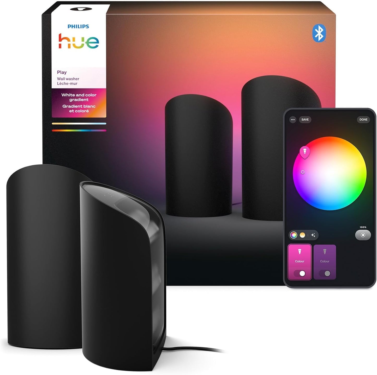 Philips Hue Play Smart Wall Washer LED Lights, 2-Pack, Black, Model 592022, ColorCast Technology, Bluetooth Compatible