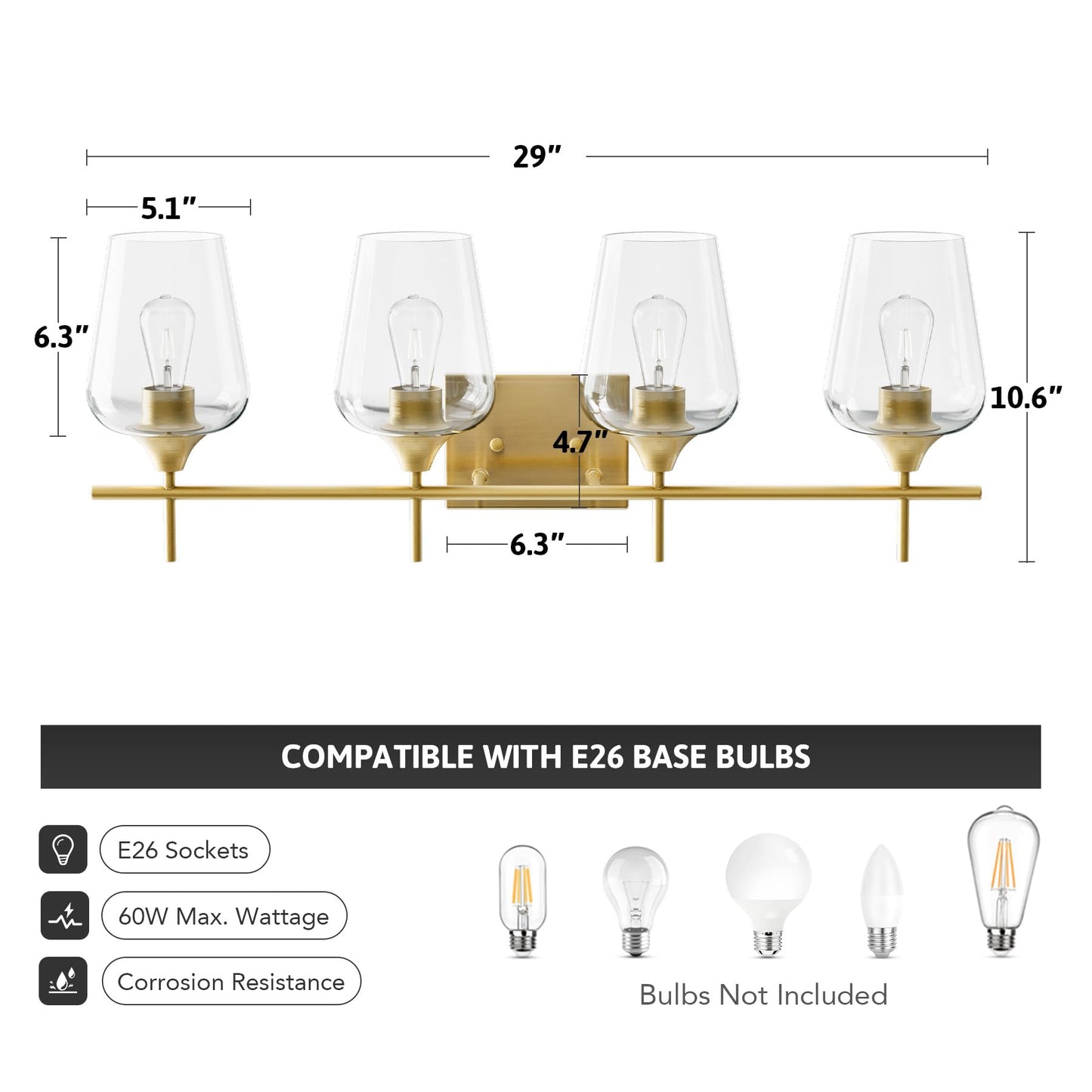 VONLUCE Bathroom Vanity Light, 4 Light Bathroom Light Fixture Over Mirror, Bathroom Wall Lamp with Clear Glass, Modern Gold Vanity Lighting fixtures for Bathroom, Bedroom, Hallway