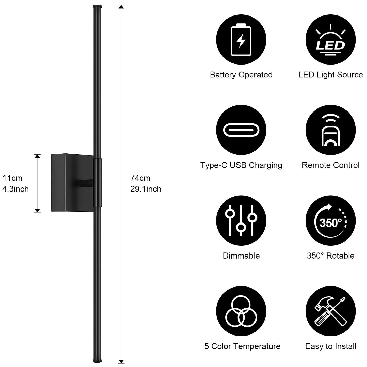 JZEKVN Battery Operated Wall Sconce Set of Two, Dimmable 3000K-6000K, 29.1in Black Metal, Remote Control, Model 202411