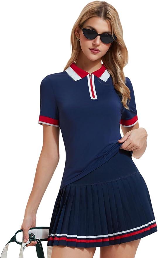 IUK Women's 2-Piece Tennis Skirt Set, Polo V-Neck Top & High-Waisted Pleated Skirt, Athletic Outfit for Golf Pickleball