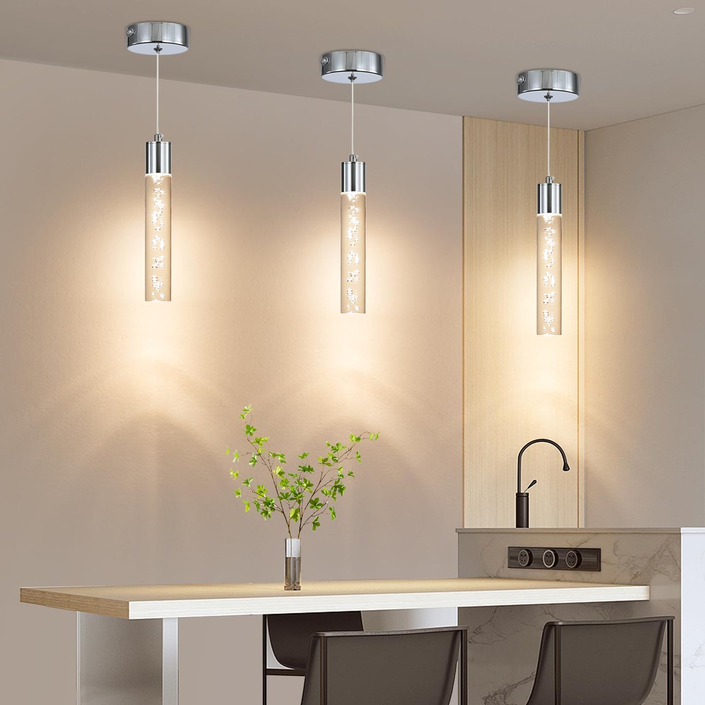 Modern Led Pendant Light  Chrome Bubble Hanging Ceiling Lighting Fixture  3 Color 2700K/4500K/6500K  Small Kitchen Island Chandelier Over Table For Dining Room  Living Room  Entrance  Bar  Cafe