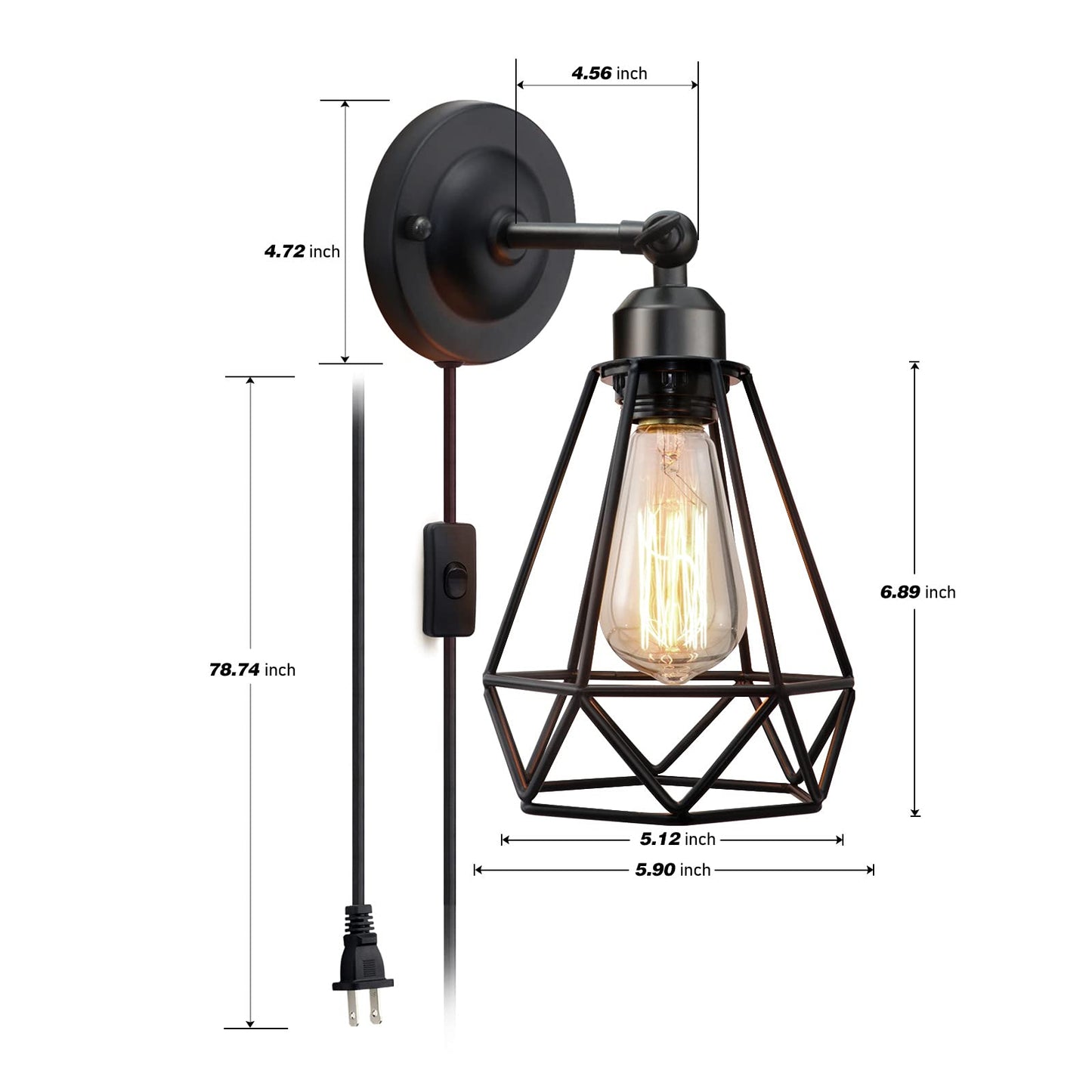 WimiSom Plug-in Wall Sconce, Industrial Metal Lamp, On/Off Switch, Black, 2-Pack