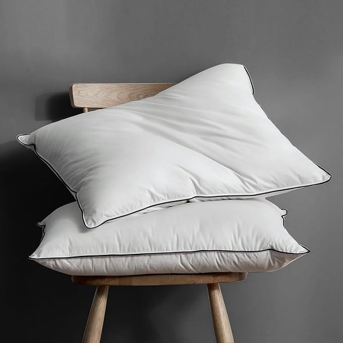 BPC Luxury Feather Down Pillow Standard Size Set of 2 - Medium-Firm Feather Pillow, 3-Chamber Organic Cotton Cover Bed Pillow Inserts, Wrapped in Polyester, 20x26 Inches