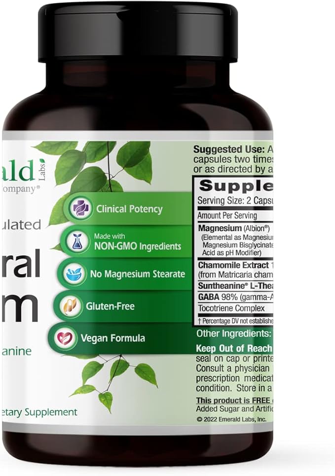 Emerald Labs Cerebral Calm - Brain Health Supplement with GABA, Albion Magnesium, Chamomile & Suntheanine L-Theanine - Premium Calming Supplement - 60 Vegetable Capsules (Up to 60-Day Supply)