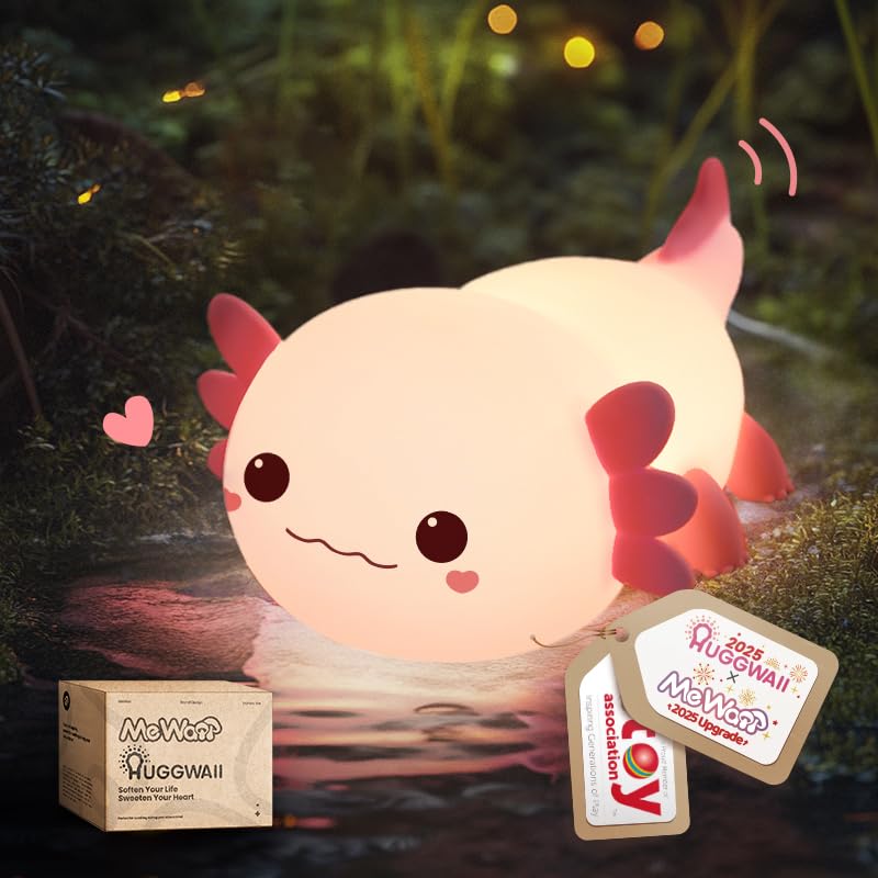 Mewaii Huggwaii Squishy Axolotl Night Light for Kids - Dimmable Silicone Axolotl Lamp, 2025 Upgraded Baby Night Light, Rechargea