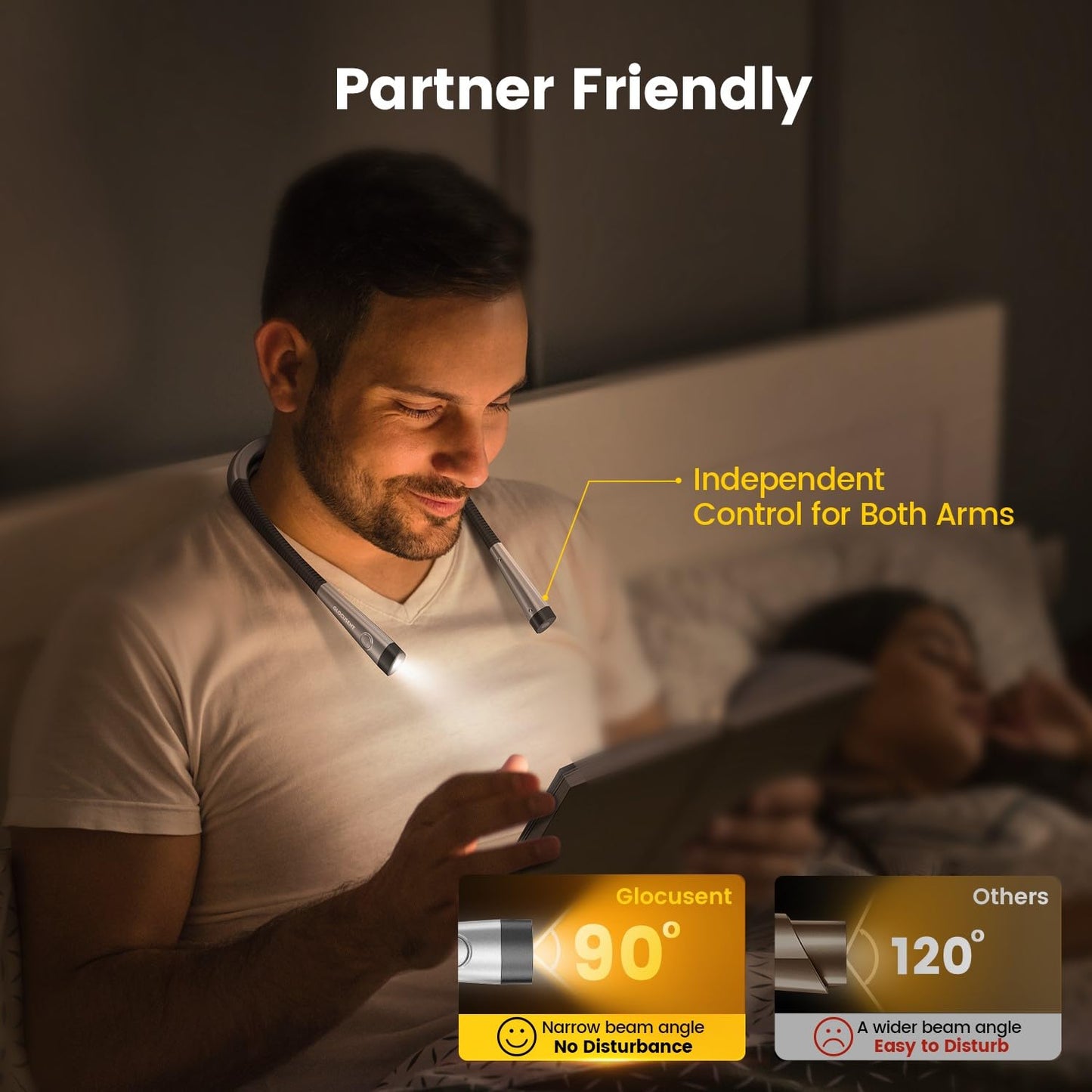 Glocusent Book Light, Rechargeable, 3-Color, 6-Brightness, Bendable Neck, Medium Size, Gray, Model GLCSNTBL001