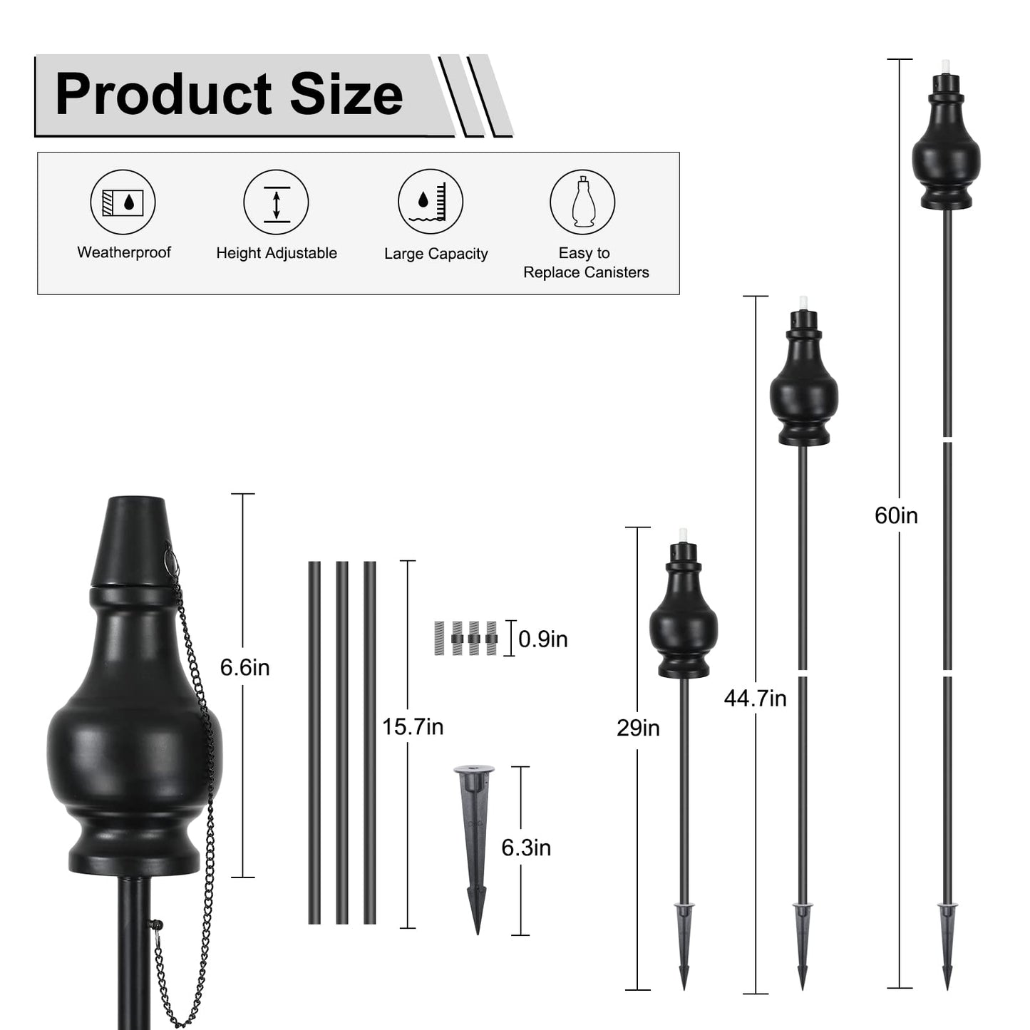 tewei Metal Citronella Torches, 6 Pack, 60In Black Garden Outdoor, Easy to Refill, Model OT-0407