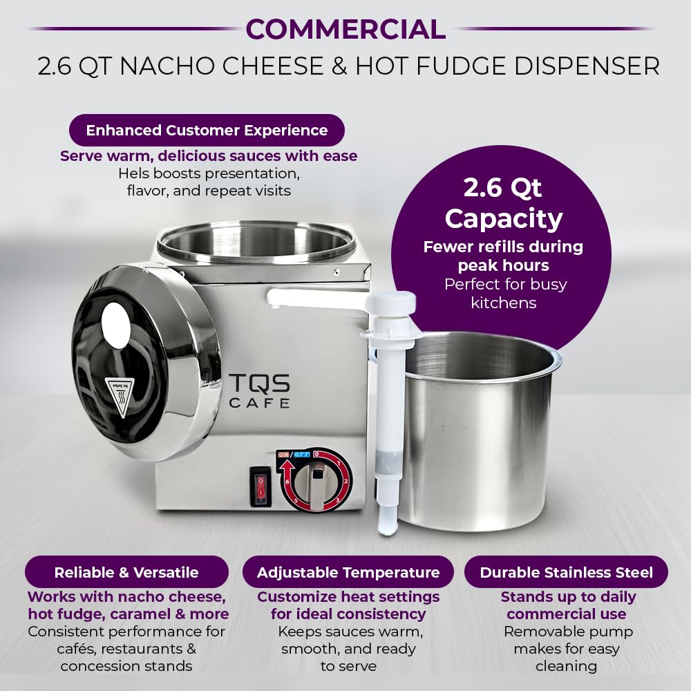 Nacho Cheese Dispenser & Hot Fudge Dispenser, 2.6 Qt Commercial Stainless Steel Sauce Warmer with Pump and Adjustable Temperature Control for Concession Stands Cafes Restaurants 110V - TQS Cafe
