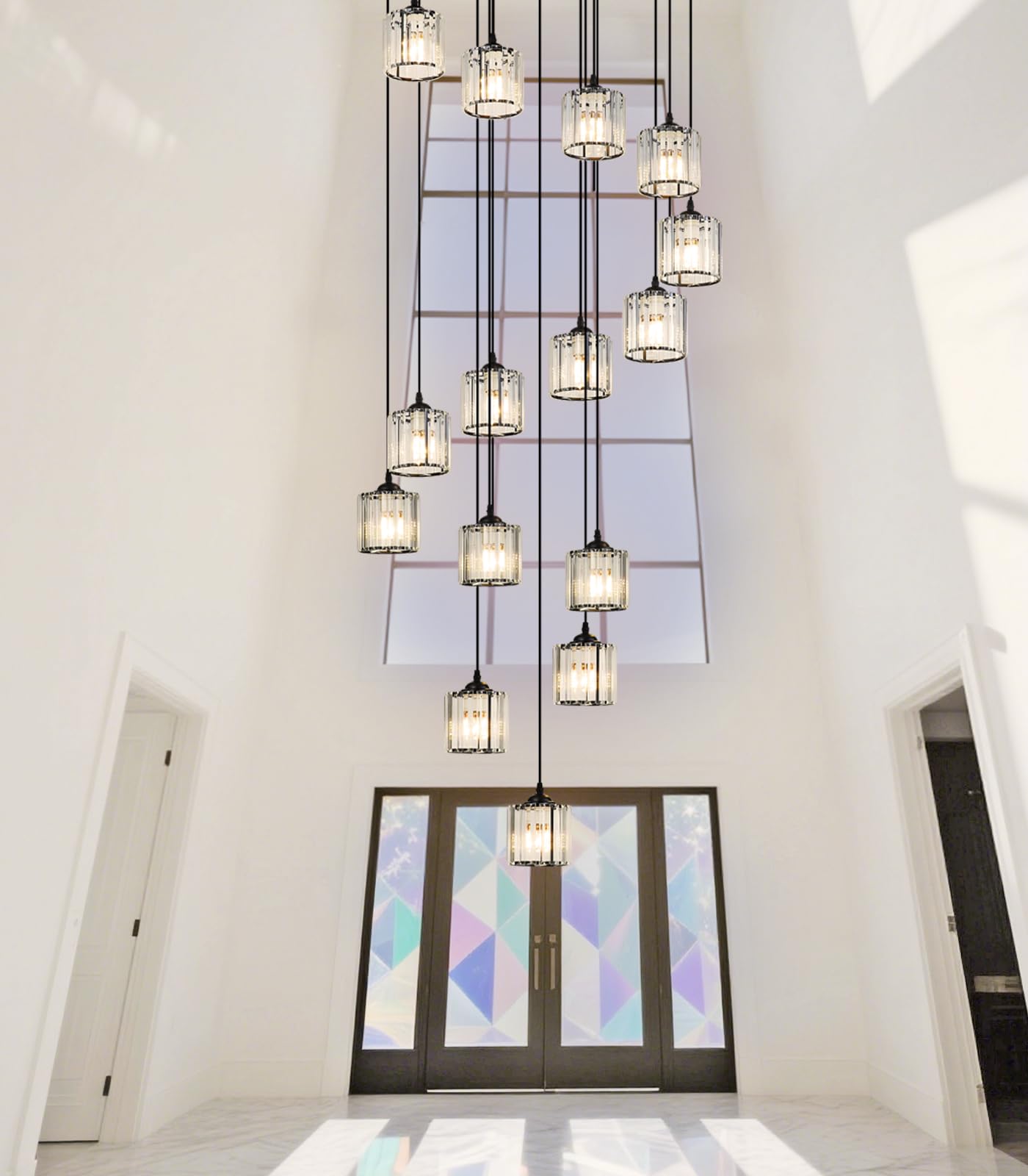 Meimond Long Chandeliers For High Ceilings Modern Crystal Pendant Light Raindrop Drop Lamp Hanging Flush Mount Lighting Fixtures For Spiral Staircase Foyer Entryway Living Room Black (15 Lights)
