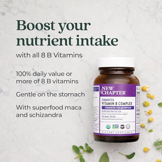 New Chapter Vitamin B Complex, Fermented Vitamin B Complex, USDA Organic, ONE Daily for Cellular Energy + Brain + Beauty, 100% Vegan, Gluten-Free - 60 Count