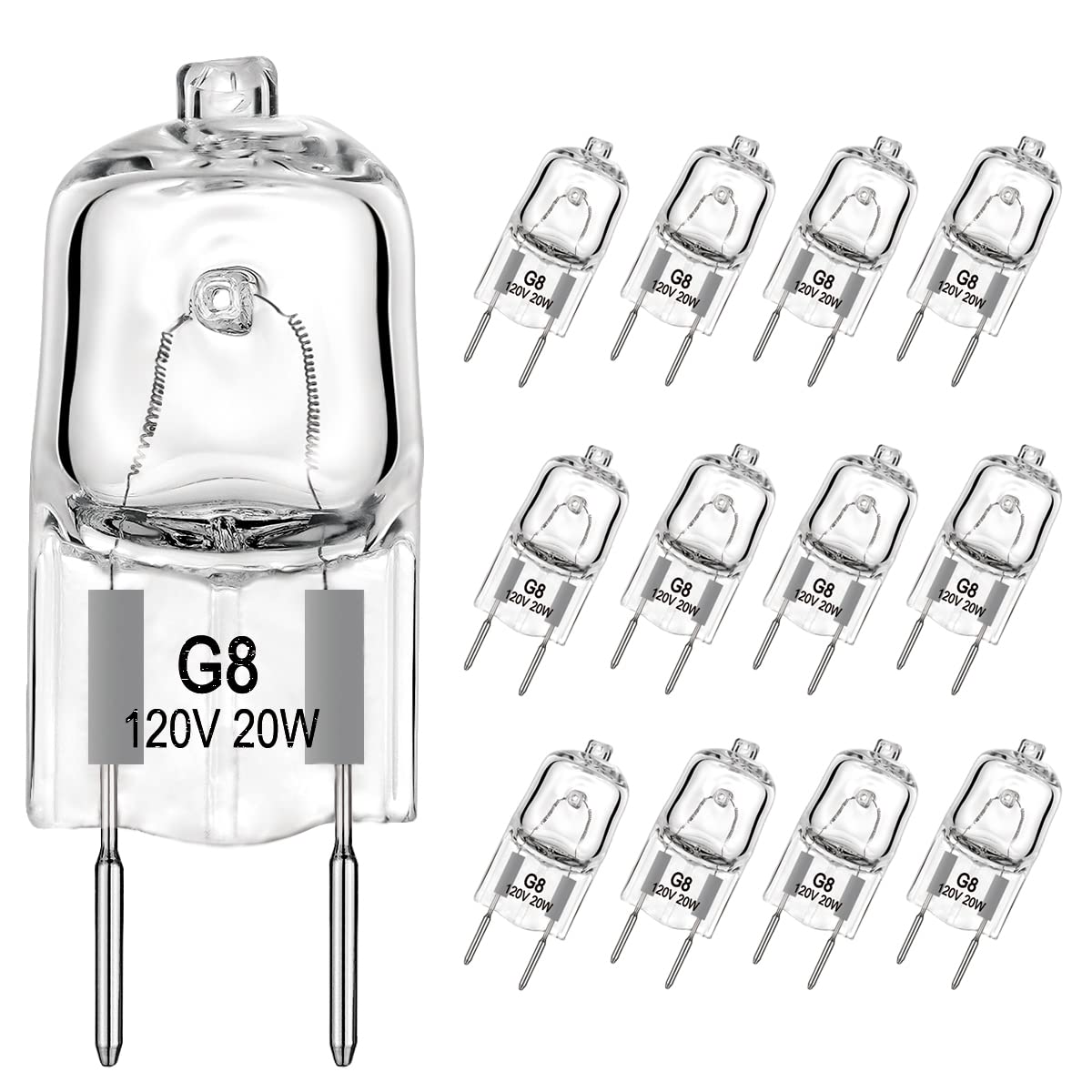 Bogao G8 Halogen Light Bulbs 20W 120V, 12-Pack, Glass, Warm White, 1-3/8 Length, Ideal For Under Cabinet Puck