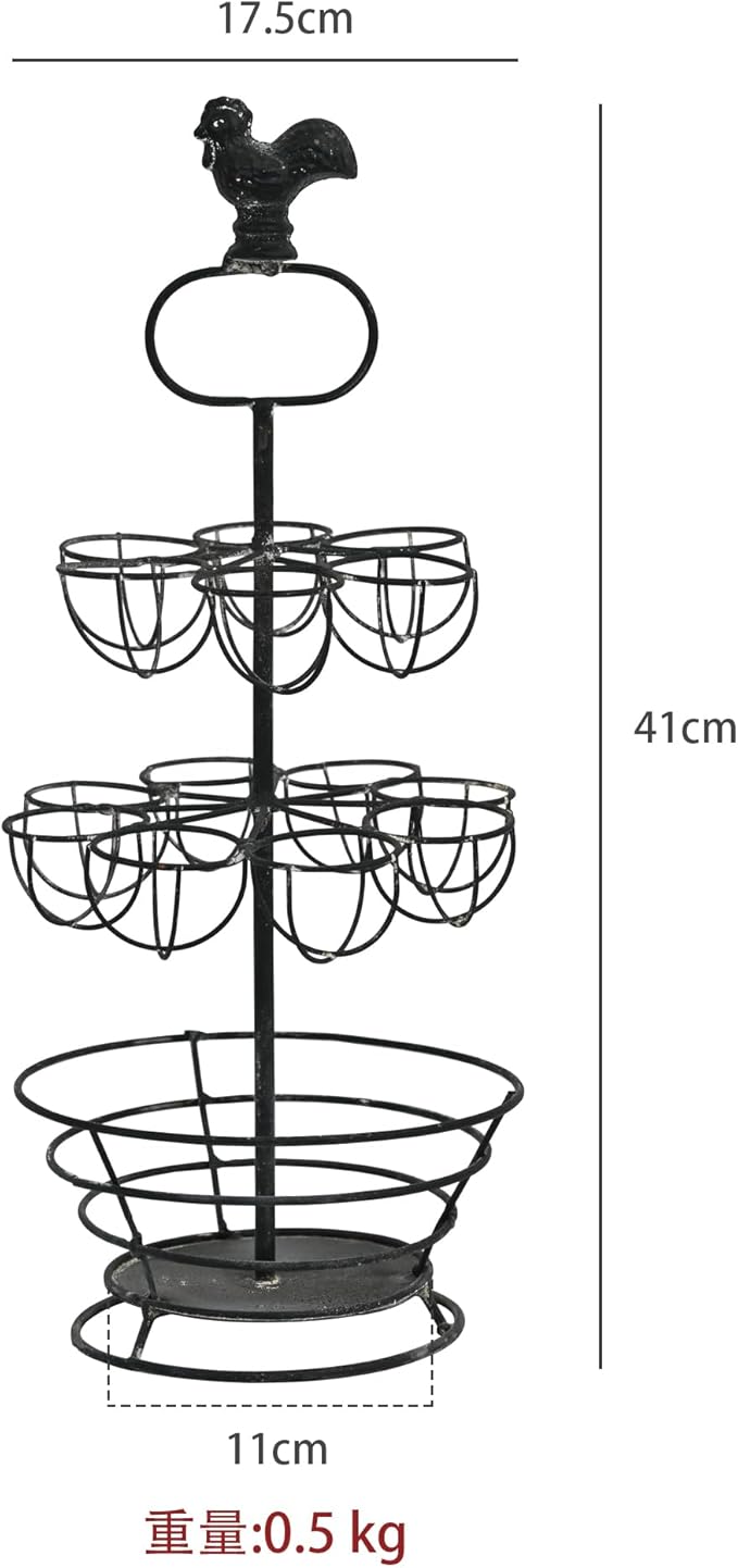 Vintage White Metal Egg Holder with Rooster Top - 2-Tier & Bottom Basket Design, Farmhouse Distressed Decor Egg Storage Rack for Kitchen Countertop Decor (Distressed Black)