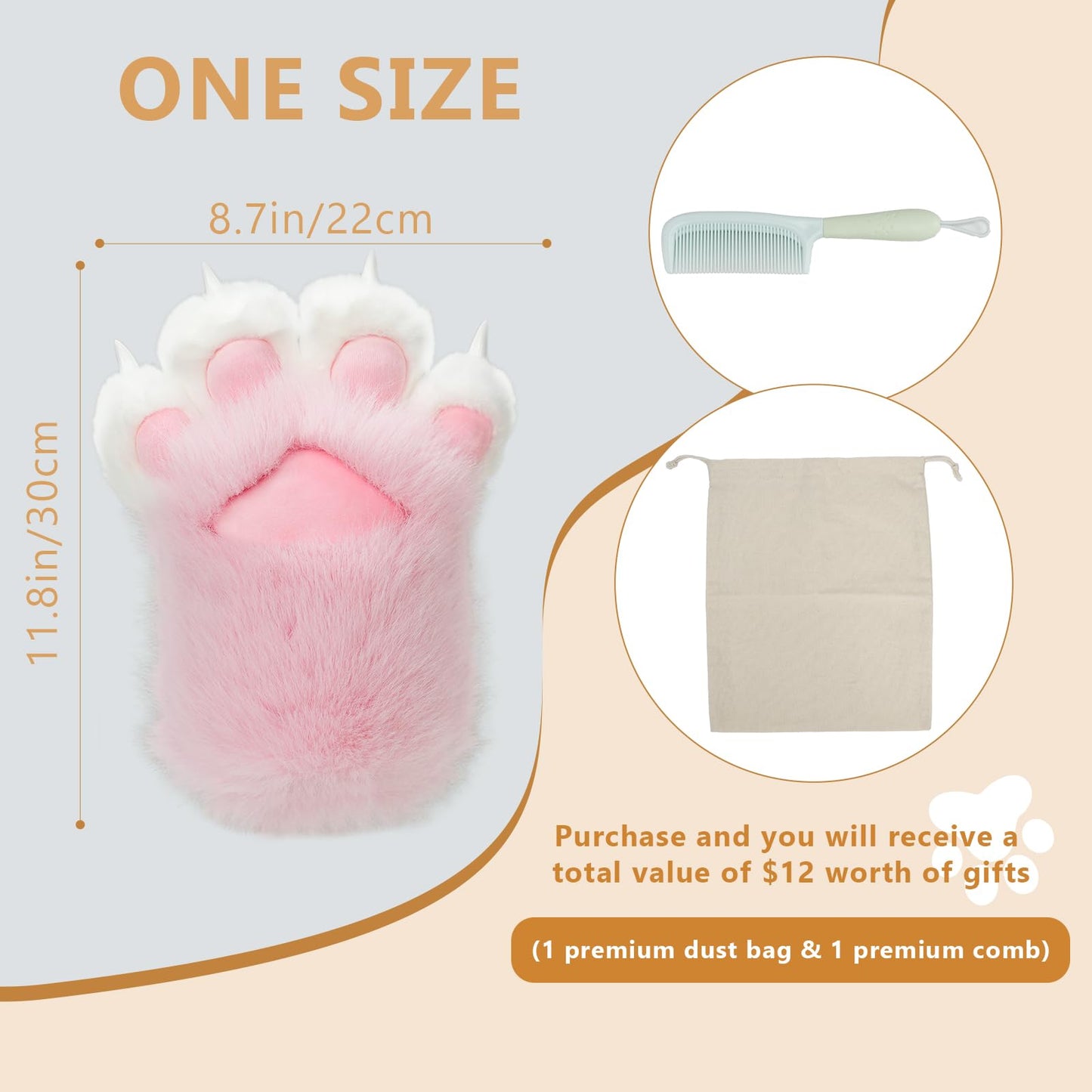 Furry Paws Gloves Soft Claw Finger Gloves for Furry Costume, Perfect for Cat and Fox Fursuit Paws, Therian Cosplay Accessories(Pink, Large)