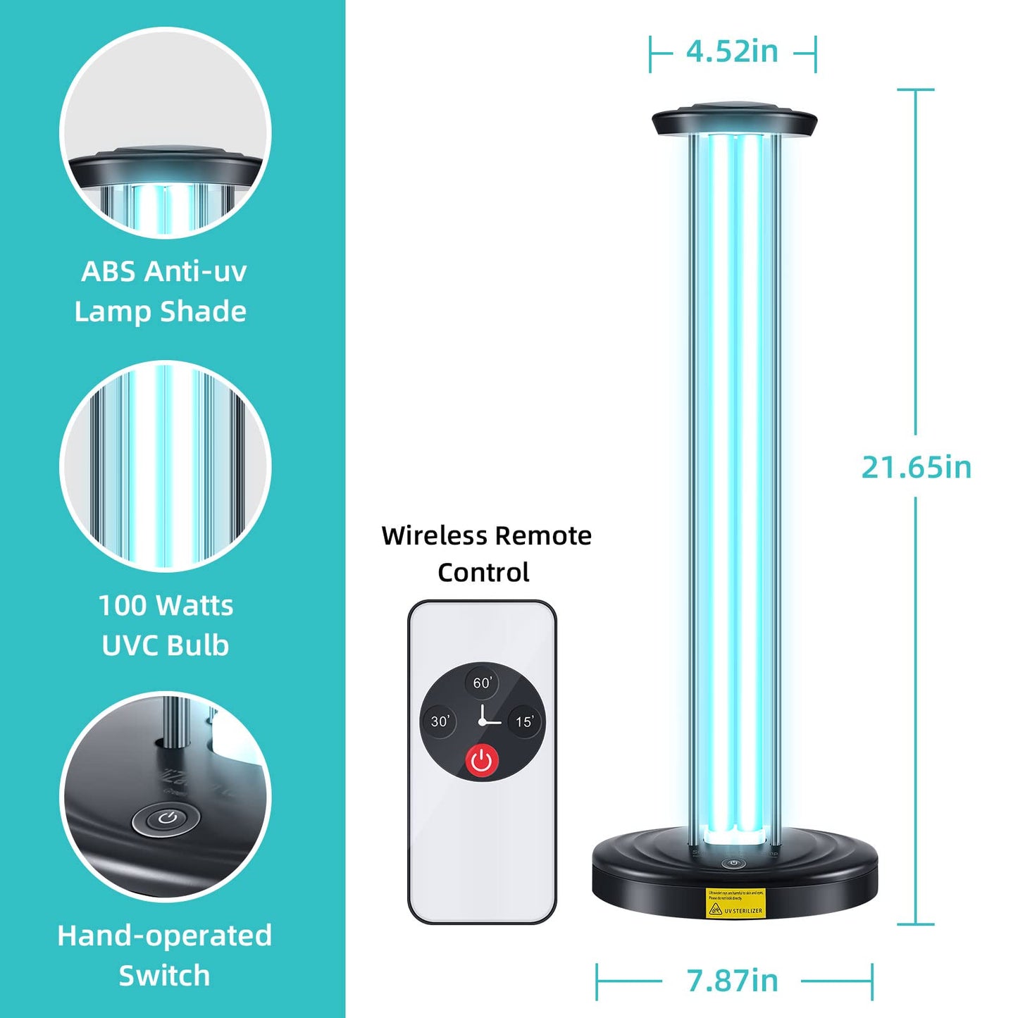 JTAPURE 100W UV Light with Ozone, 3-Gear Timer & Remote Control, Mold & Dust Mite Eliminator, Black, Model JTA-100WO